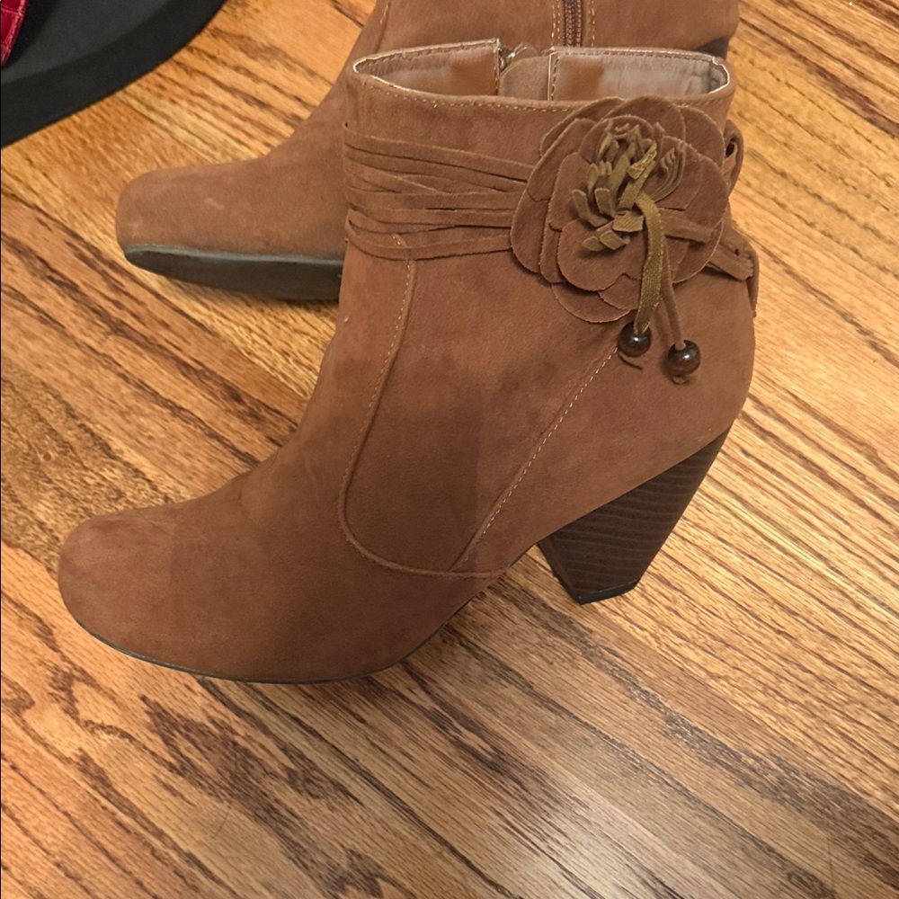 C Label Tan Ankle Booties with Rosette Accent